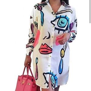 Women floral print button down collar dress